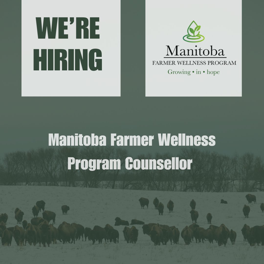 We're hiring!
Are you a compassionate counsellor with experience in agriculture? The Manitoba Farmer Wellness Program is looking for dedicated professionals to provide confidential, farm-focused counselling to Manitoba farmers, their families, and employees.

Why join us?