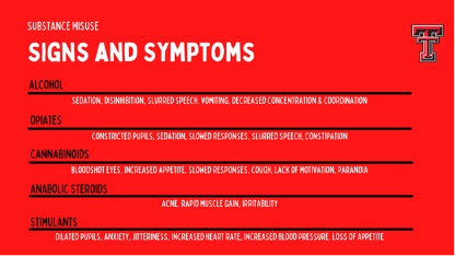 How would you know if you or a peer may be misusing a substance? Here are some signs and symptoms to look out for!

#MentalHealthAwarenessWeek #Big12BreaksTheStigma #WreckTheStigma