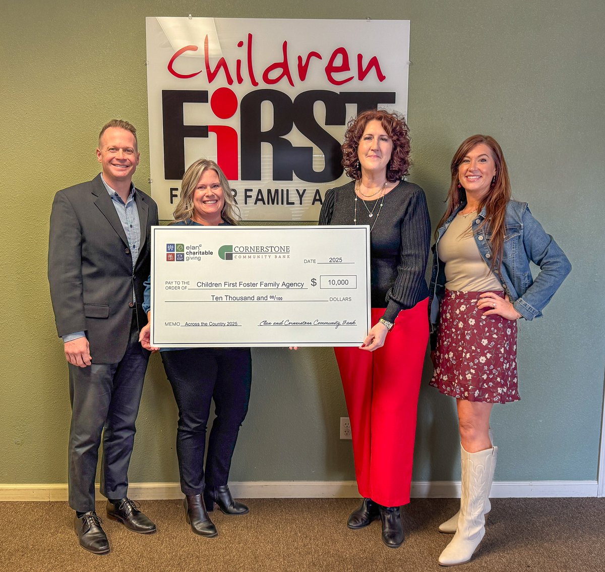 We’re proud to be part of the Elan Charitable Giving Program, donating $𝟏𝟎,𝟎𝟎𝟎 𝐭𝐨 𝐂𝐡𝐢𝐥𝐝𝐫𝐞𝐧 𝐅𝐢𝐫𝐬𝐭 𝐅𝐨𝐬𝐭𝐞𝐫 𝐅𝐚𝐦𝐢𝐥𝐲 𝐀𝐠𝐞𝐧𝐜𝐲! ❤️ Supporting our local community is what we do!

#CharitableGiving #CommunityFirst #CornerstoneCommunityBank