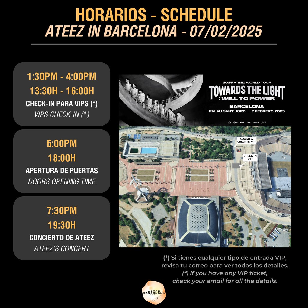 ateezbarcelona's tweet photo. [📢] HORARIOS - SCHEDULE | ATEEZ IN BARCELONA (07/02/2025) 

ATINY, os dejamos la nueva información sobre los horarios del concierto de #ATEEZenBarcelona . Si tienes cualquier tipo de entrada VIP, revisa tu correo para ver todos los detalles. ✨ https://t.co/Cers3cP27R