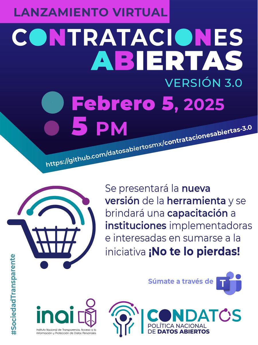 EDCAmx's tweet image. 🚨 Mañana lanzamos #ContratacionesAbiertas 3.0 ¡No te lo pierdas! 🚨

Los #DatosAbiertos de las #ContratacionesPúblicas ayudan a entregar mejores bienes y servicios a la sociedad. 🌟

🗒️Solicita tu registro en: contratacionesabiertas@inai.org.mx

#SociedadTransparente #ConDATOS📊