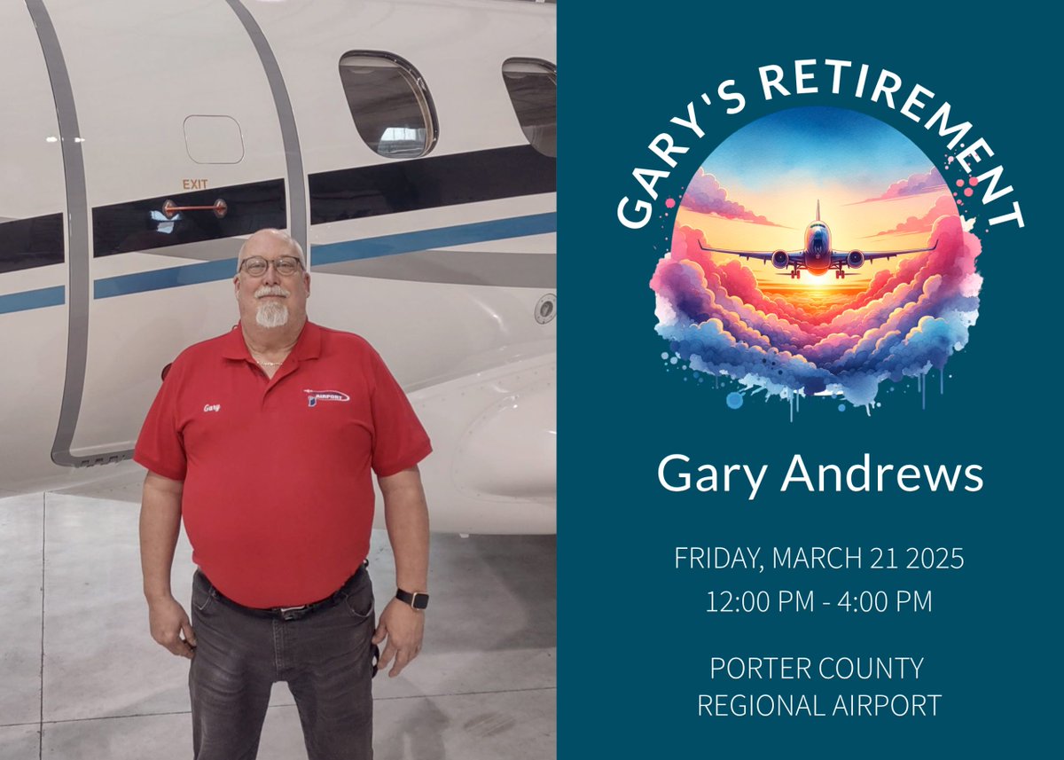 FlyVPZ's tweet photo. Gary Andrew's Retirement Reception
Come help us celebrate Gary's 44+ Years of service.
At the Airport Terminal Building.

https://t.co/ivuSmXMqSF https://t.co/sc3HiHTQBh