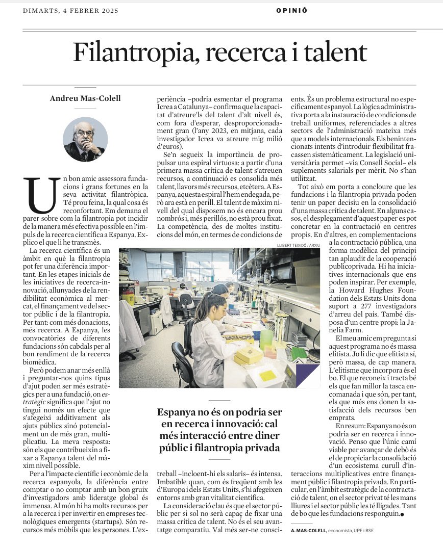 'Filantropia, recerca i talent'. L'article d'Andreu Mas-Colell a LV <a href="/recercauniscat/">Recerca i Universitats</a> <a href="/ACUPcatalunya/">Associació Catalana d'Universitats Públiques</a> <a href="/nmontlab/">Nuria Montserrat</a> <a href="/quimnadal/">Joaquim Nadal</a> <a href="/GemmaGeis/">Gemma Geis i Carreras 🎗</a> <a href="/FundlaCaixaCAT/">Fundació ”la Caixa”</a> @fundaciorecerca <a href="/enriccanela/">Enric I. Canela</a> <a href="/ArcadiNavarro/">Arcadi Navarro 🎗</a> <a href="/eponsf/">Ernest Pons</a> <a href="/XavierFerras/">Xavier Ferràs</a> <a href="/ealmirall/">esteve almirall</a> <a href="/PlataformaCTI/">Plataforma CTI</a> <a href="/iCERCA/">Centres CERCA</a> <a href="/_BIST/">BIST-Barcelona Institute of Science and Technology</a>