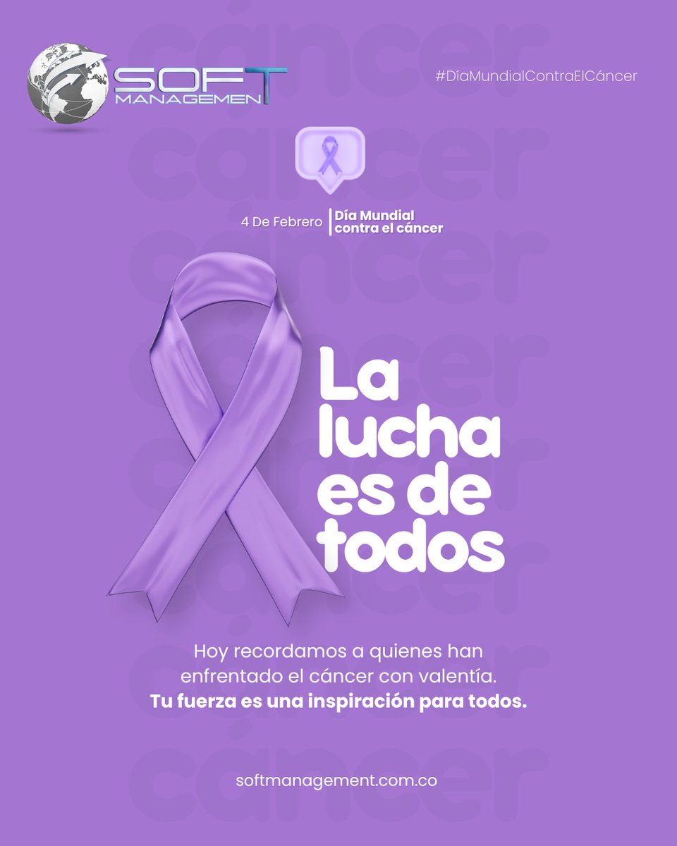 🎗️💻 En el #DíaMundialContraElCáncer reafirmamos nuestro compromiso con la tecnología para la salud. La innovación es clave en la prevención, diagnóstico y tratamiento. Juntos, construimos un futuro donde la tecnología salva vidas. 💜 #Softmanagement #TecnologíaQueTransforma