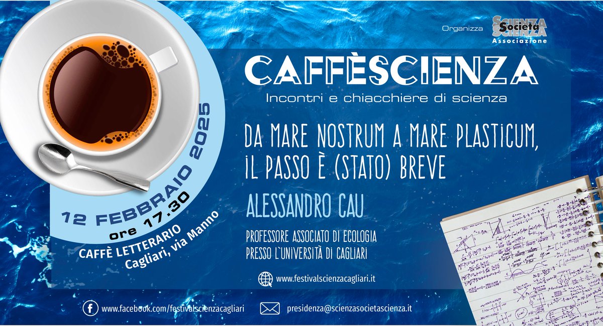 12 febbraio 2025, ore 17:30, Caffe Letterario, Via Manno - Cagliari, l’incontro CaffèScienza “Da mare nostrum a mare plasticum, il passo è (stato) breve”, con Alessandro Cau, Professore Associato dell’Università di Cagliari.
Info e prenotazioni via email!
