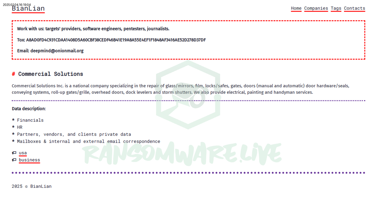 TweetThreatNews's tweet image. Ransomware attack targets Commercial Solutions, a national leader in repair services including glass, locks, and doors. Details emerge about the bianlian group involvement. 🛠️🔒 #CommercialSolutions #Ransomware #USA

link: ift.tt/MVrp8B6