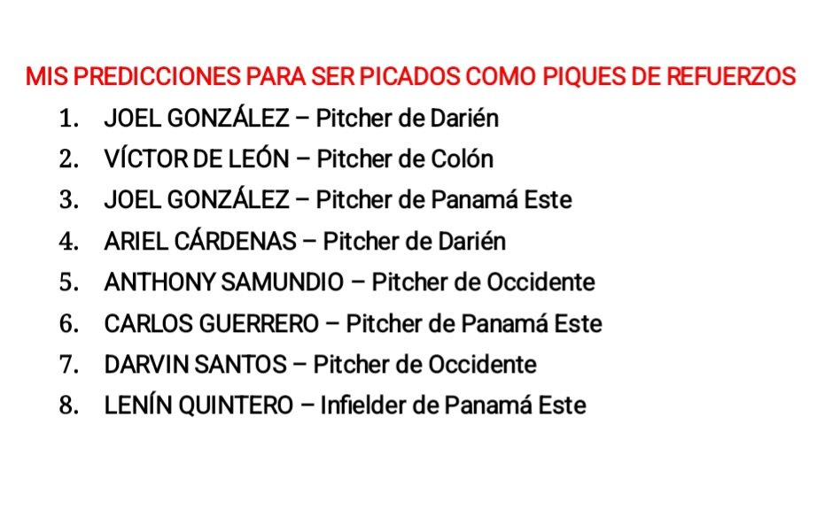 Esta noche se jugará la última fecha de la Ronda Regular en el Torneo Juvenil y una vez finalicen todos los partidos se hará el pique de los refuerzos. Aquí les dejo mis predicciones de los jugadores que será picados y hasta me atrevo a dar el orden. Veremos cuántos pego.