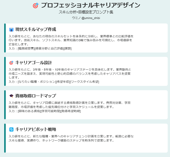 ＼🚀 ChatGPTで実現
最強キャリア設計プロンプト配布／

現状分析から目標設定まで
包括的なキャリア戦略を提案✨

🎯 4つの強力なプロンプトセット
📊 現状のスキル分析＆市場価値の可視化
🎯 3年後・5年後の具体的キャリアプラン
📚 費用対効果を考慮した資格取得計画
🔄