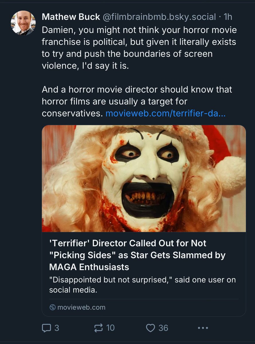 hayasaka_aryan's tweet photo. Terrifier director: “The movie is about a killer clown, it has no politics”

Media literacy niggas: https://t.co/Hm4xEgrCF9