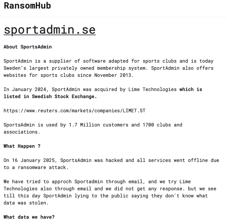 _venarixES_'s tweet photo. El grupo #Ransomhub #ransomware afirma haber #hackeado a #SportAdmin (@SportAdmin), con sede en #Suecia 🇸🇪, desarrollan #software para clubes deportivos...
#STO $LIME
@Lundalogik 
Mas ℹ️ registrate gratis en #VenariX ➡️ https://t.co/OW9Te2XdwS
#SoftwareDevelopment #sportsclubs #CyberAttack #hackeo #infosec #CyberSec #Sweden #Stockholm #ciberataque