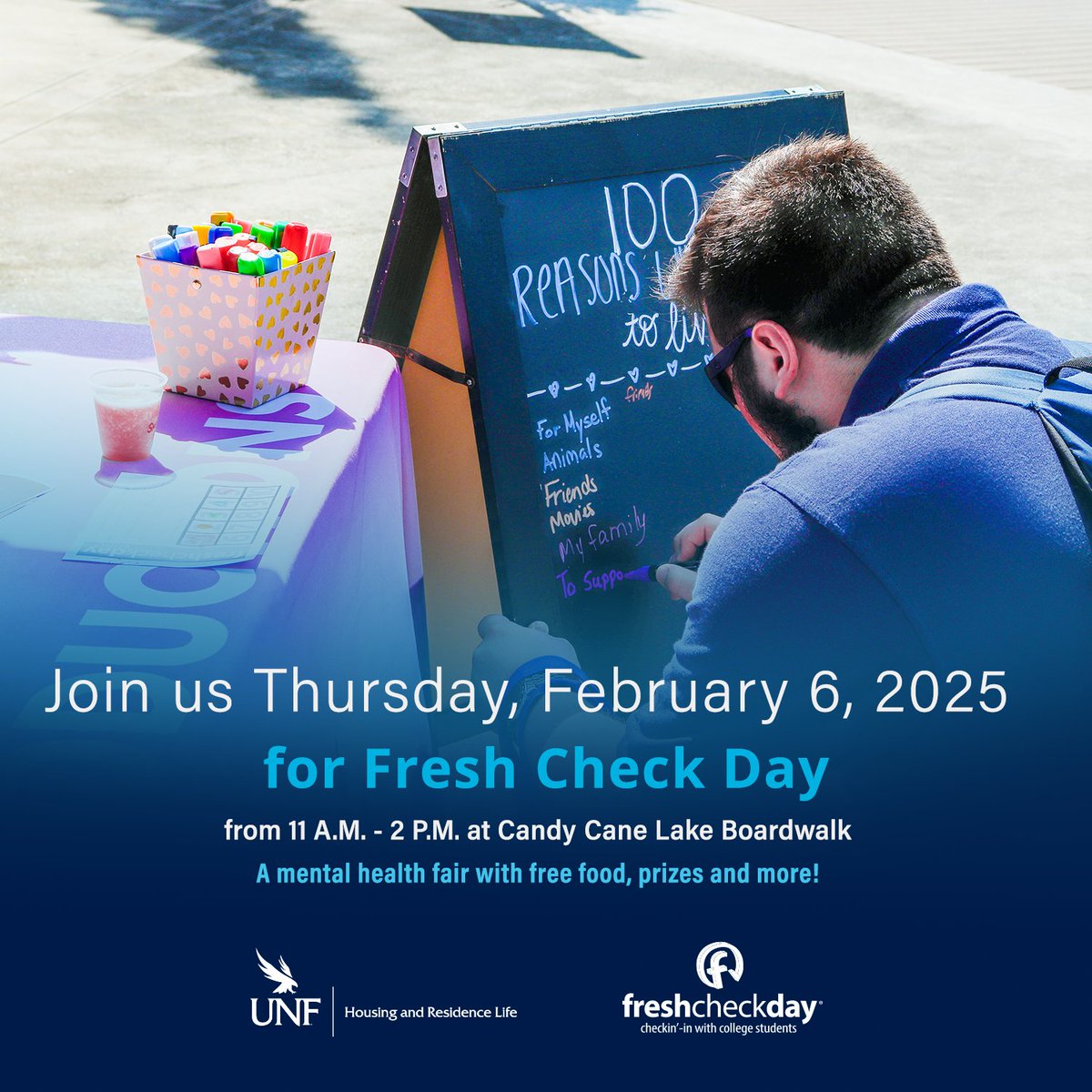 UNF_HRL's tweet photo. Happy Homecoming Week Ospreys! Fresh Check Day is this Thursday from 11 a.m. to 2 p.m. come through the candy cane lake boardwalk and have some fun! https://t.co/8Q0Kv8ah09