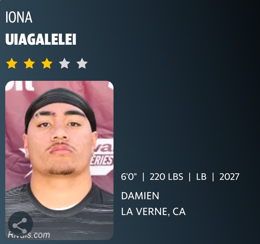 Iona Uiagalelei (@ionaa_u) on Twitter photo Thank you <a href="/Rivals/">Rivals</a> for the 3⭐️ ranking ! <a href="/DamienFootball_/">Damien Spartan Football</a> <a href="/JStew8/">James Stewart</a> <a href="/coach_odin/">Mark Odin</a> Thank you <a href="/Rivals/">Rivals</a> for the 3⭐️ ranking ! <a href="/DamienFootball_/">Damien Spartan Football</a> <a href="/JStew8/">James Stewart</a> <a href="/coach_odin/">Mark Odin</a>