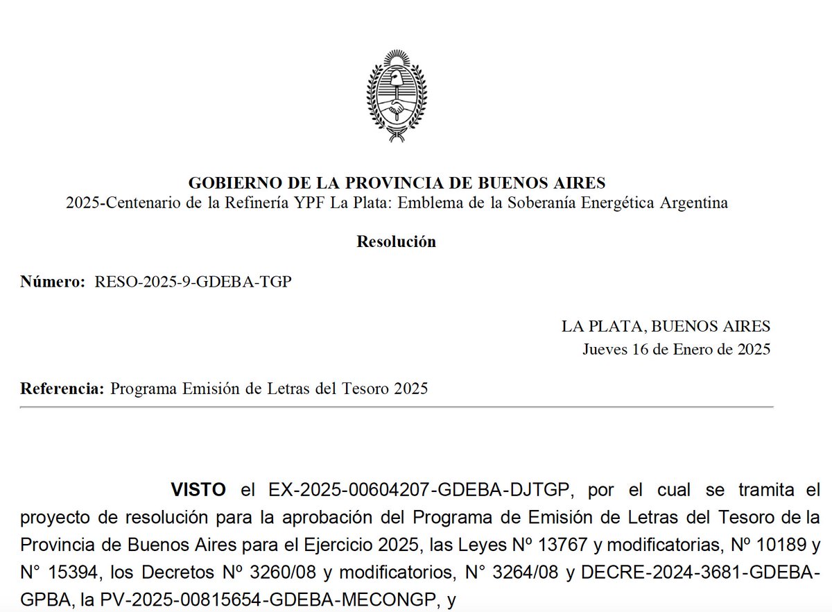 dgarciarena's tweet photo. Grave: la Tesorería General de la Provincia de Buenos Aires ha emitido la Resolución 2025-9 aprobando un endeudamiento SIN RESPALDO LEGAL (art. 104 Constitución Provincial).
Venimos alertando que el Poder Ejecutivo no puede asumir facultades que son propias del Poder Legislativo. 
Endeudar a la Provincia SIN RESPALDO LEGAL puede acarrear graves consecuencias que luego terminan pagando todos los bonaerenses.
El respeto por los procedimientos hace a la calidad democrática. LA LEY NUNCA ES UNA SUGERENCIA