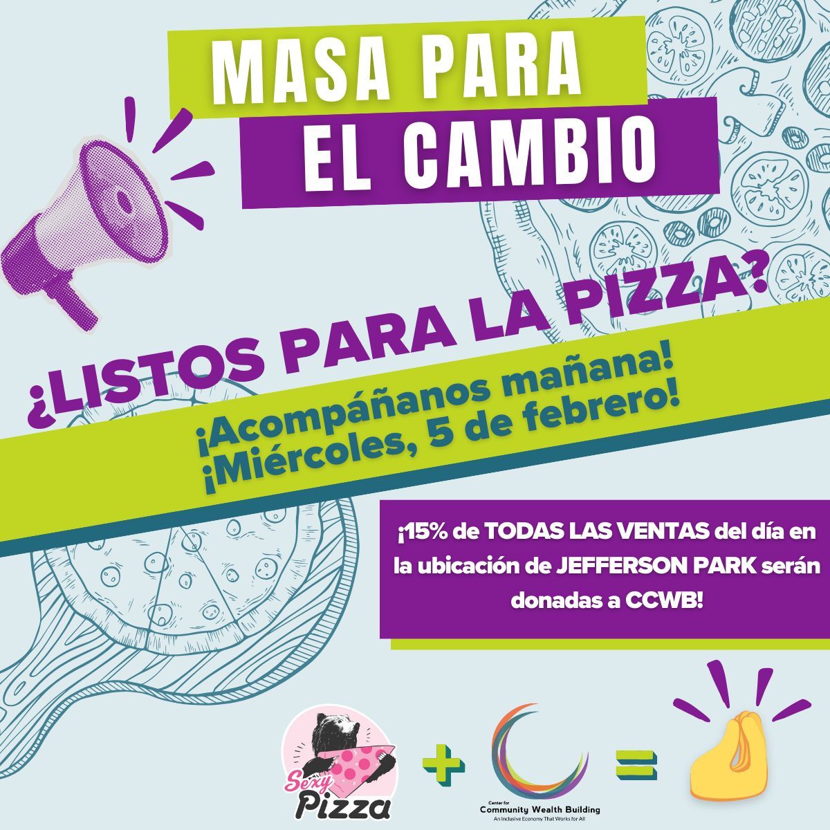 🍕 Tomorrow (2/5): Eat pizza, build community wealth! <a href="/sexypizzaCO/">Sexy Pizza</a> is donating 15% of ALL sales to CCWB.

📍Jefferson Park location 🕐 All day event 🔗 sexy.pizza