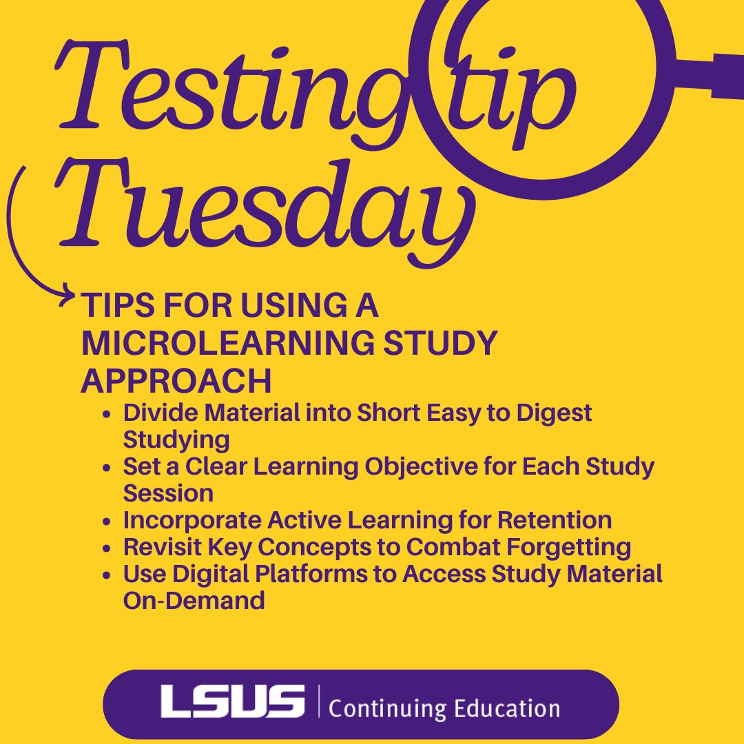 LSUSContEd's tweet image. #Studying for lengthy periods can lead to #MentalFatigue 🧠, distraction 🐈, &amp;amp; #MemoryOverload. 😵 So, here are 5 #tips for using a #MicroLearning #study approach to break info into smaller pieces so you can focus more deeply for shorter times. 📚 

#lsusce #TestingTipTuesday