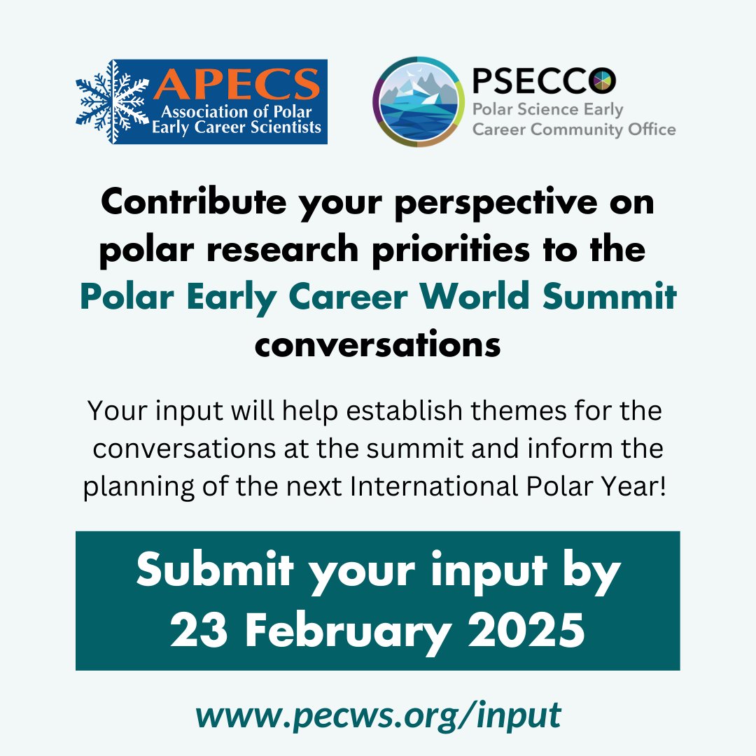 Provide input to shape the next decade of polar research! The Polar Early Career World Summit 2025 encourages all polar early career community members to provide their input on early career priorities through pecws.org/input by 23 Feb to inform conversations at the PECWS.
