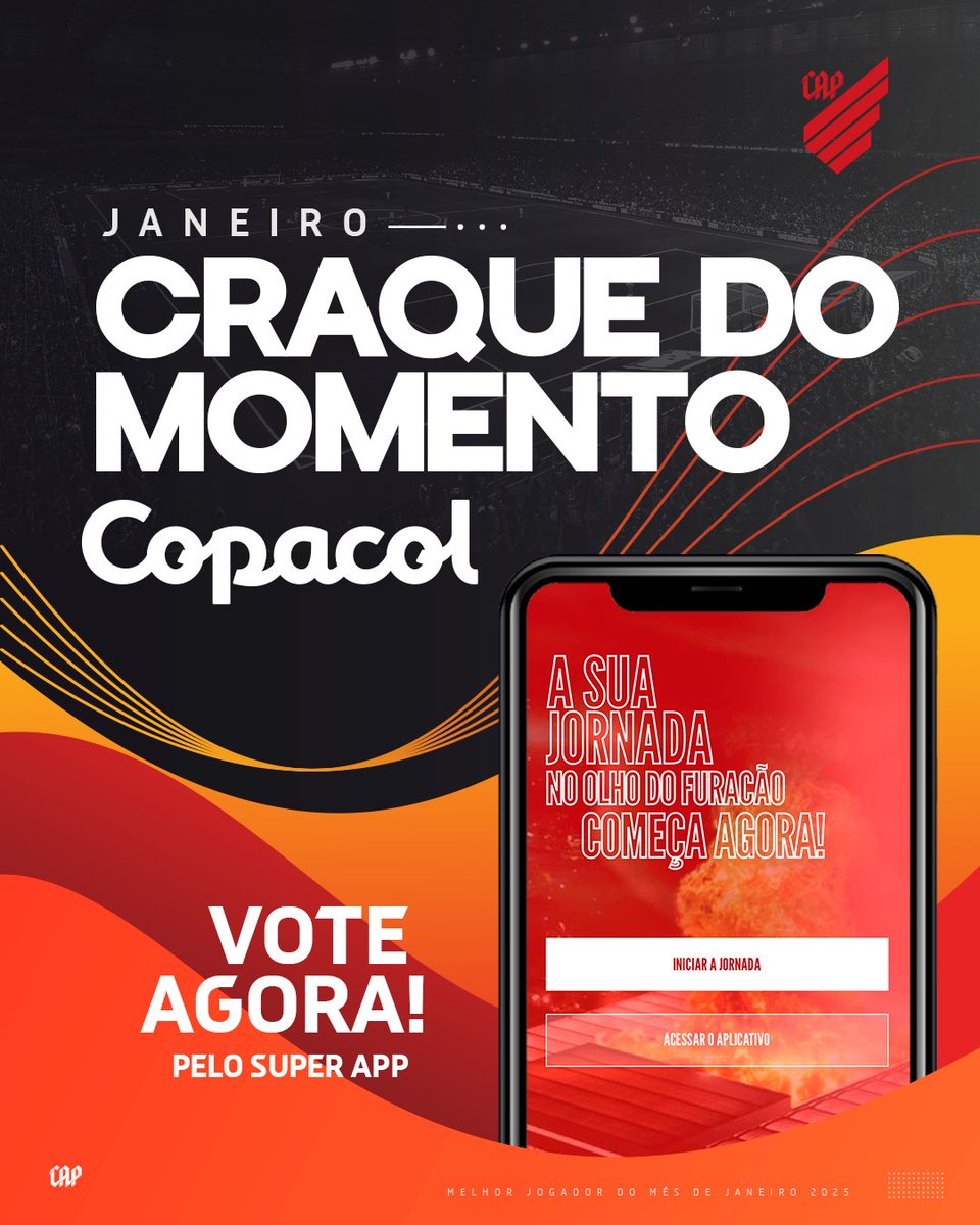 AthleticoPR's tweet photo. 📱🔴⚫️ Vote no Craque do Momento #Copacol de janeiro.
Acesse o Super App Furacão e dê o seu voto para o destaque no último mês. A votação vai até as 19h30 de quinta-feira.
🌪️ Baixe o Super App
Android: https://t.co/5B0APwsaiM
iOS: https://t.co/KuW5BU3TQv https://t.co/FQSyvOTJrt