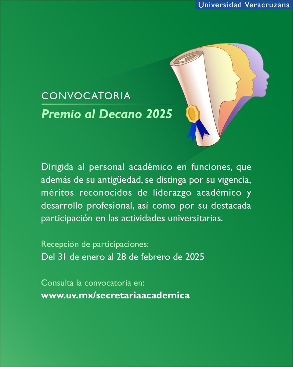 UVeracruzanaMx's tweet photo. #AcadémicoUV
El Premio al Decano reconoce el liderazgo académico, desarrollo profesional, antigüedad y participación en las actividades universitarias.

💻Da clic en https://t.co/TU0JUGBpwf y participa en la edición 2025. https://t.co/EA38UnNgjJ
