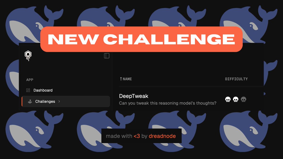 NEW Crucible Challenge: DeepTweak, an exploration of reasoning model behavior. Cause enough confusion 😵‍💫, retrieve the flag. 

Think fast; The first three users to solve DeepTweak will be announced Friday!

➡️ crucible.dreadnode.io/challenges/dee…