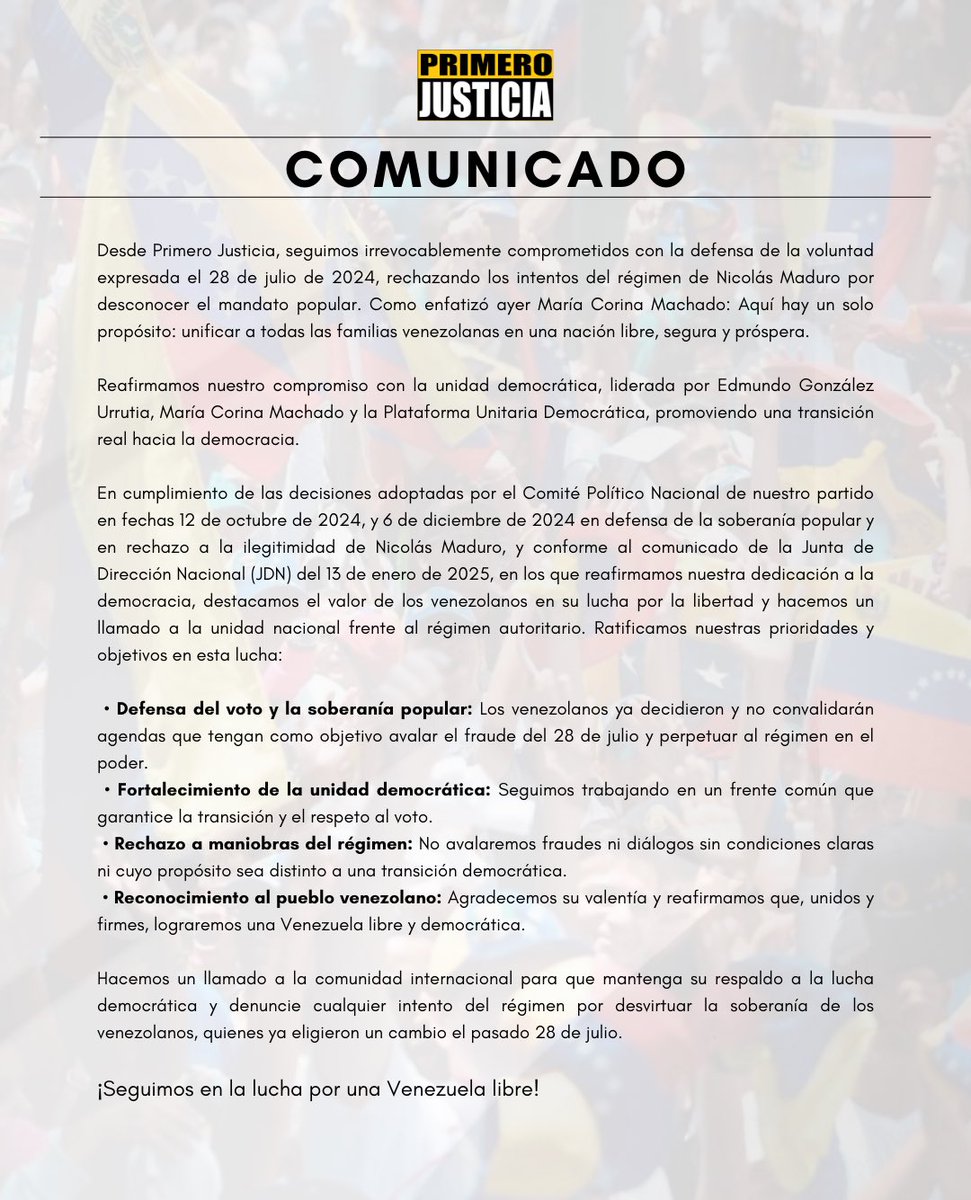 #Comunicado | Ratificamos nuestras prioridades y objetivos en esta lucha:

✅ Defensa del voto y la soberanía popular: Los venezolanos ya decidieron y no convalidarán agendas que tengan como objetivo avalar el fraude del 28 de julio y perpetuar al régimen en el poder.

✅