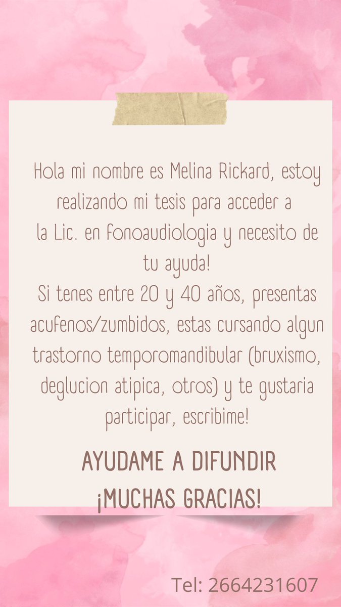 MelRickardAP's tweet photo. Recurro a la ayuda de las redes sociales para poder tomar la muestra de la tesis!
ATENTIS! SI SOS DE SAN LUIS, Y ESCUCHAS UN PIP/ACUFENO/ZUMBIDO O ALGUN SONIDO EN UNO O AMBOS OIDOS EN CUAALQUIER MOMENTO DEL DIA Y ESTO SE ACOMPAÑA DE ALGUN DOLOR O MALESTAR MANDIBULAR, AYUDAME!!!!! https://t.co/WUPLmU4iJJ