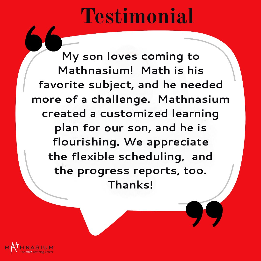 A recent parent testimonial. 🤩🤩🤩

At Mathnasium, we help students catch up, keep up, or get ahead in math.

Contact us for your child’s FREE trial session: mathnasium.com 

#testimonial #parenttestimonial #goals #mathtutoring #matheducation #hardworkpaysoff