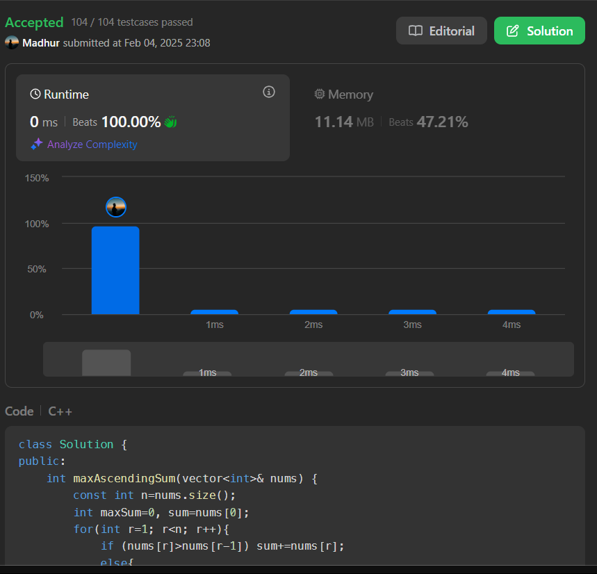 MadhurBoard's tweet photo. 🎯 Day 61/100 of My LeetCode Challenge 🎯
🚀 Problem: Maximum Ascending Subarray Sum
🔑 Solution: Used a sliding window approach, keeping track of the sum of an ascending subarray and resetting when the order breaks.
📝 Optimized in O(n) time!
#LeetCode #100DaysOfCode https://t.co/iFhkEweCE8