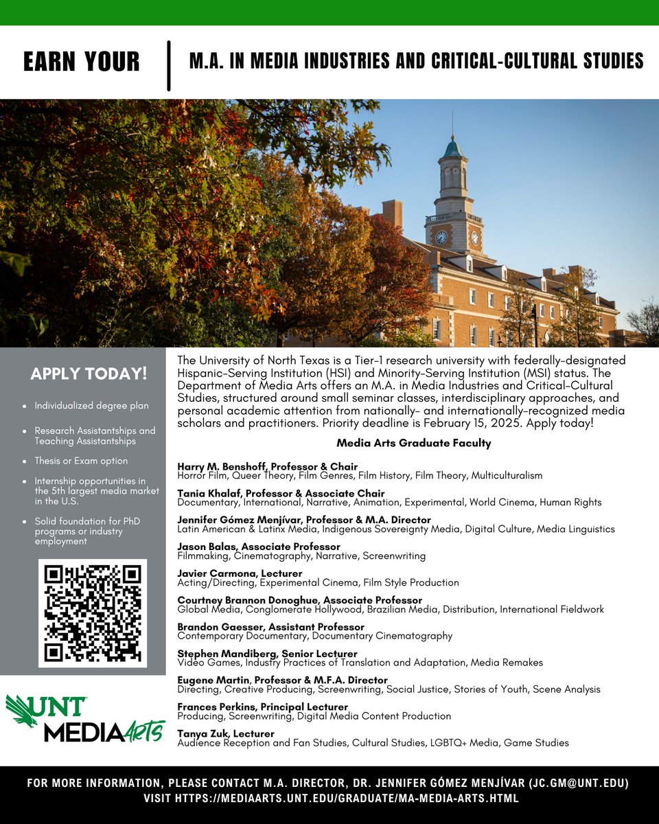 Jennifer Carolina (@jenicaro009) on Twitter photo Please help me spread the word about our M.A. program! Our priority deadline is February 15, 2025.
<a href="/UNTclass/">UNT CLASS</a> <a href="/MediaArts_UNT/">MediaArts@unt</a> <a href="/DallasCommish/">Dallas Film Commission</a> <a href="/DFWFilmCritics/">Dallas-Fort Worth Film Critics Association</a> <a href="/SCMStudies/">SCMS</a> <a href="/LASA_FILM/">LASA FILM STUDIES</a> <a href="/scmsLatinx/">SCMS Latinx/a/o Caucus</a> <a href="/WFHInetwork/">Women+FilmHistory</a> <a href="/austinfilm/">Austin Film Society</a> <a href="/UNTBFC/">UNT Black Film Club</a> <a href="/UntLfc/">UNT Latino Film Club</a> <a href="/wic_unt/">UNT Women in Cinema</a> <a href="/filmcenter/">Siskel Film Center</a> <a href="/CinematecaNic/">Cinemateca Nacional</a> Please help me spread the word about our M.A. program! Our priority deadline is February 15, 2025.
<a href="/UNTclass/">UNT CLASS</a> <a href="/MediaArts_UNT/">MediaArts@unt</a> <a href="/DallasCommish/">Dallas Film Commission</a> <a href="/DFWFilmCritics/">Dallas-Fort Worth Film Critics Association</a> <a href="/SCMStudies/">SCMS</a> <a href="/LASA_FILM/">LASA FILM STUDIES</a> <a href="/scmsLatinx/">SCMS Latinx/a/o Caucus</a> <a href="/WFHInetwork/">Women+FilmHistory</a> <a href="/austinfilm/">Austin Film Society</a> <a href="/UNTBFC/">UNT Black Film Club</a> <a href="/UntLfc/">UNT Latino Film Club</a> <a href="/wic_unt/">UNT Women in Cinema</a> <a href="/filmcenter/">Siskel Film Center</a> <a href="/CinematecaNic/">Cinemateca Nacional</a>