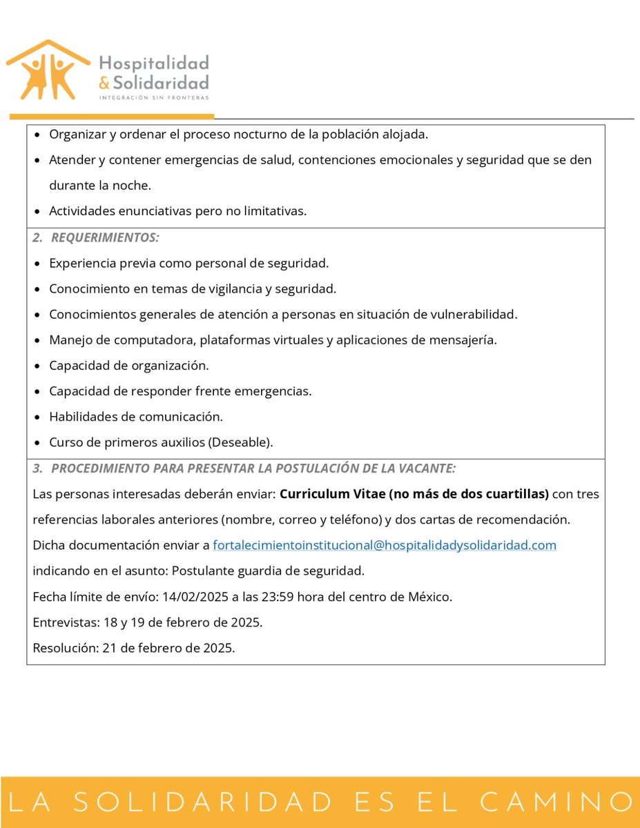 Aplica a nuestra vacante disponible y sé parte de nuestro equipo.🙌🏽✨🧡

👉🏽Guardia de seguridad 
👉🏽 Lugar de trabajo: #Tapachula 
👉🏽 Tiempo completo

‼️IMPORTANTE‼️

🚨El último día para enviar tu aplicación es el 14 de febrero del 2025 a las 23:59hrs🚨

#Vacantes #AlbergueHYS