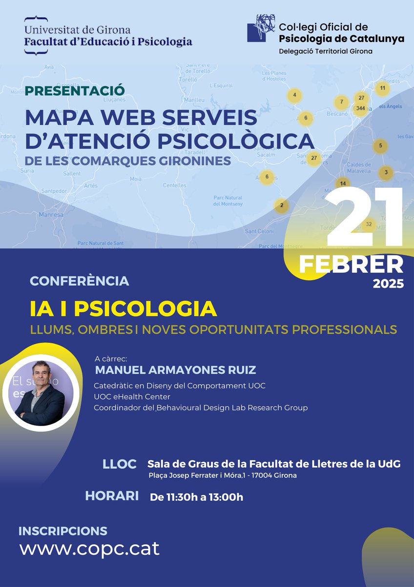 UOC PsicoEdu (@uocpsicoedu) on Twitter photo 🗓️ 21/02 | Conferència: "IA i Psicologia: llums, ombres i noves oportunitats professionals" organitzada per <a href="/CopcGirona/">COPC Girona</a>.
🗣️ A càrrec de <a href="/armayones/">Manuel Armayones Ruiz</a>, catedràtic de <a href="/UOCpsicoedu/">UOC PsicoEdu</a> i coordinador de <a href="/BDLab_UOC/">BDLab_UOC</a> (<a href="/eHealthUOC/">eHealth Center UOC</a>).
🔗 Més info i inscripcions: uoc.edu/portal/ca/agen… 🗓️ 21/02 | Conferència: "IA i Psicologia: llums, ombres i noves oportunitats professionals" organitzada per <a href="/CopcGirona/">COPC Girona</a>.
🗣️ A càrrec de <a href="/armayones/">Manuel Armayones Ruiz</a>, catedràtic de <a href="/UOCpsicoedu/">UOC PsicoEdu</a> i coordinador de <a href="/BDLab_UOC/">BDLab_UOC</a> (<a href="/eHealthUOC/">eHealth Center UOC</a>).
🔗 Més info i inscripcions: uoc.edu/portal/ca/agen…