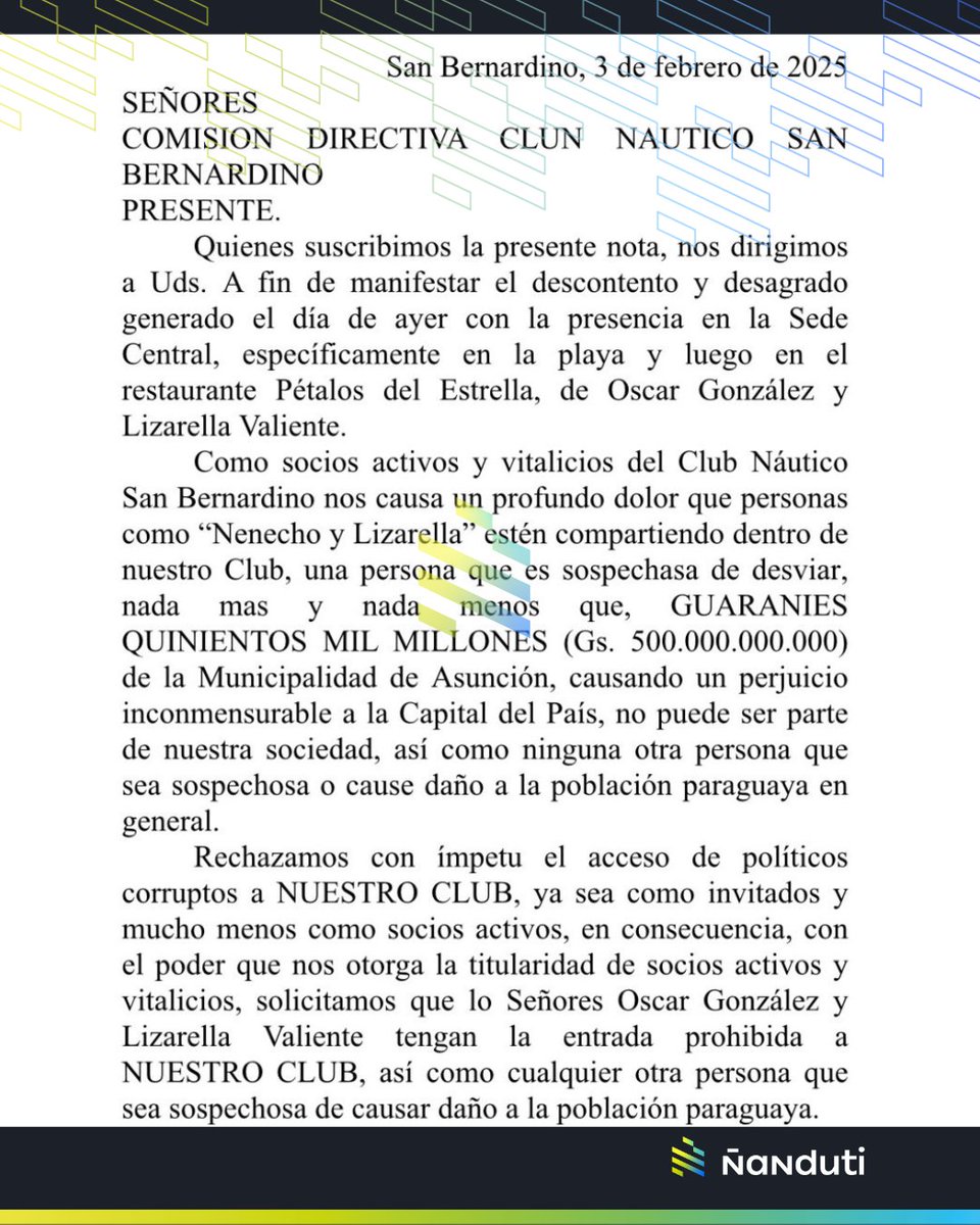 nanduti's tweet photo. Polémica en el Náutico San Bernardino: Ni Nenecho ni Lizarella 💣

El intendente de Asunción, Óscar Nenecho Rodríguez y su esposa la senadora Lizarella Valiente, estuvieron en el Náutico sin ser socios, generando el enojo de los asociados.

Incluso se viralizó un supuesto comunicado de socios rechazando el acceso de políticos "corruptos" al club y exigiendo explicaciones sobre los responsables de la entrada de la pareja al complejo de San Bernardino. 

#Ñanduti