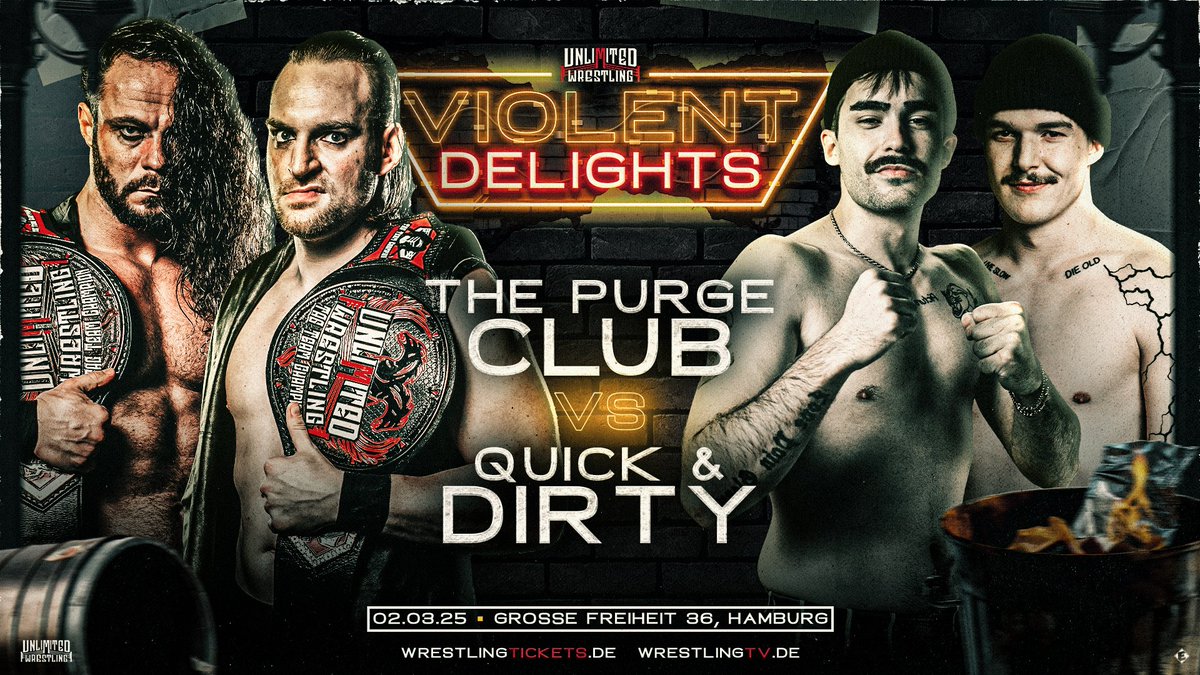 Bei VIOLENT DELIGHTS in ihrer Heimat #Hamburg wollten Quick &amp; Dirty unbedingt dabei sein. Sie haben eine Herausforderung ausgesprochen – und angenommen hat das dominanteste Team in #WrestlingDeutschland: Der Purge Club!

🎟️ wrestlingtickets.de
