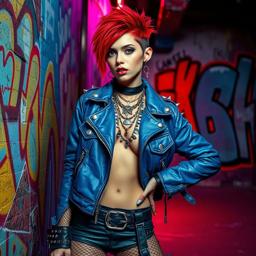 Eine zwanzigjährige Frau mit kurzen, stacheligen, leuchtenden Haaren und einer Punkrock-Ästhetik.