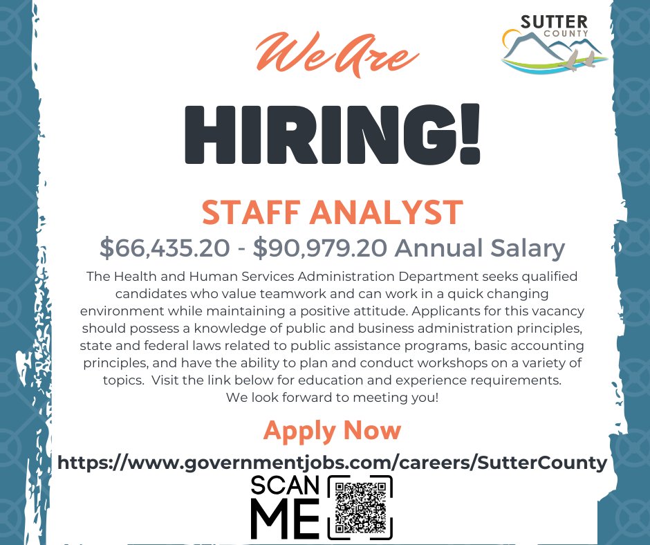SutterCountyHR's tweet photo. Sutter County is hiring a Staff Analyst!
#sutter
#suttercounty
#suttercountyjobs
#californiajobs
#norcaljobs
#workinsuttercounty
#yuba
#yubacity
#hr
#humanresources
#jobs
#hiring
#nowhiring
#jobopening
#hiringalert
#careeropportunity
#jobsearch https://t.co/gR4RSfcblZ