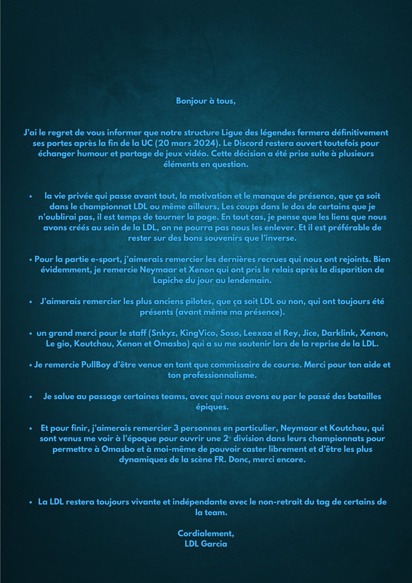 Communiqué Officiel LDL 🖤💙
Merci à tous ceux qui nous ont suivis durant ces nombreuses années. Merci à ceux qui ont roulé à nos côtés lors d’interteam ou de championnats LDL. 
Des moments qui resteront à jamais gravés dans l’histoire de la LDL 🫶