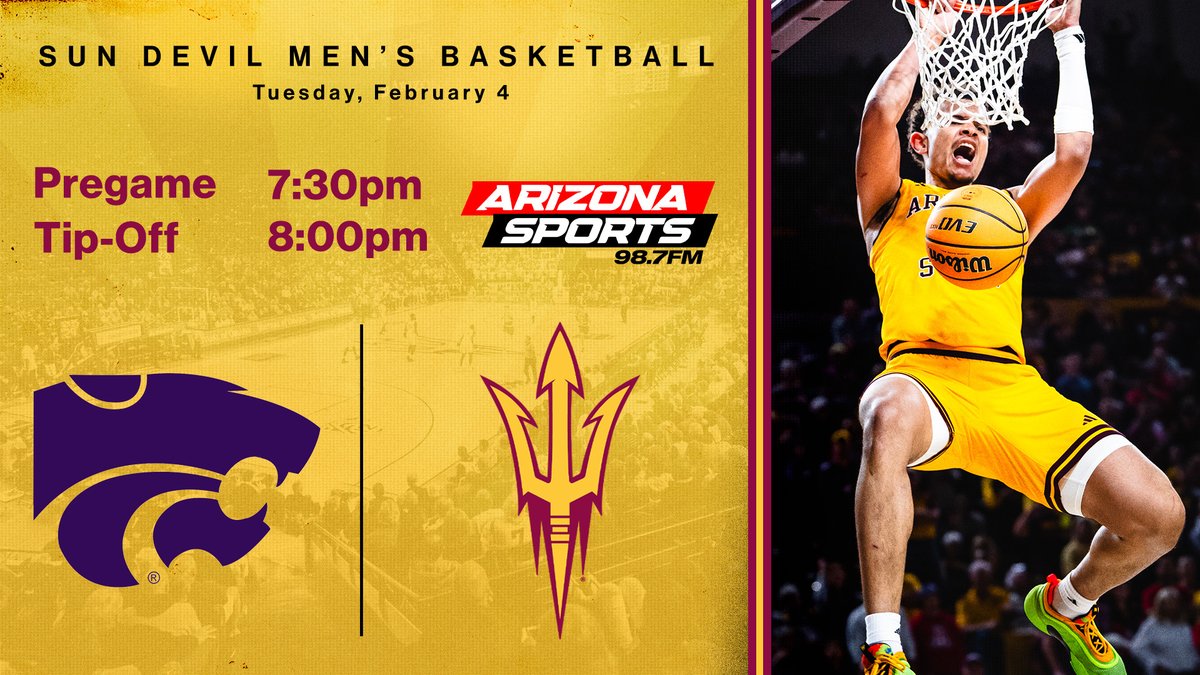 Sun Devil Radio Network (@sundevilpbp) on Twitter photo Tuesday night hoops on-tap for <a href="/SunDevilHoops/">Sun Devil MBB</a> as they return to the hardwood to take on Kansas State.
<a href="/TimHealeyASU/">Tim Healey</a> and <a href="/K_Dodd3/">Kyle Dodd (KD)</a> have the call on <a href="/AZSports/">Arizona Sports</a>. Pregame show gets rolling at 7:30 pm with the 8 pm tip-off.
#ForksUp #O2V Tuesday night hoops on-tap for <a href="/SunDevilHoops/">Sun Devil MBB</a> as they return to the hardwood to take on Kansas State.
<a href="/TimHealeyASU/">Tim Healey</a> and <a href="/K_Dodd3/">Kyle Dodd (KD)</a> have the call on <a href="/AZSports/">Arizona Sports</a>. Pregame show gets rolling at 7:30 pm with the 8 pm tip-off.
#ForksUp #O2V