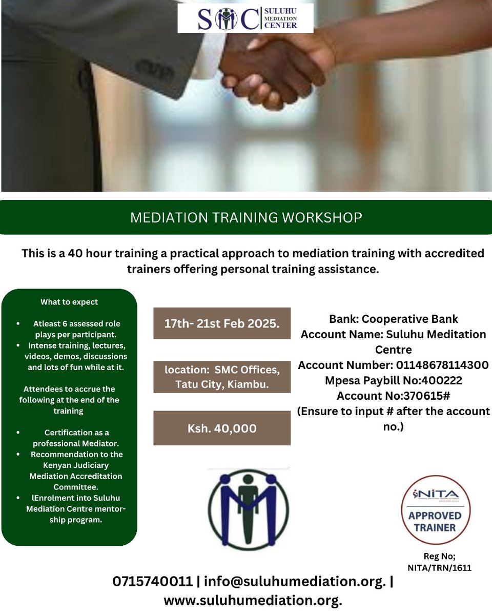 Desirous of becoming a professional mediator? Join our upcoming classes at our Kiambu campus...few slots remaining..book yours now!