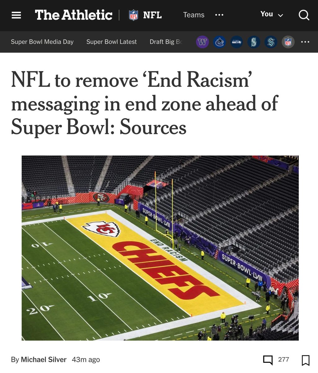 ByMikeBaker's tweet image. NEW: The NFL is removing "End Racism" from the Super Bowl end zone.