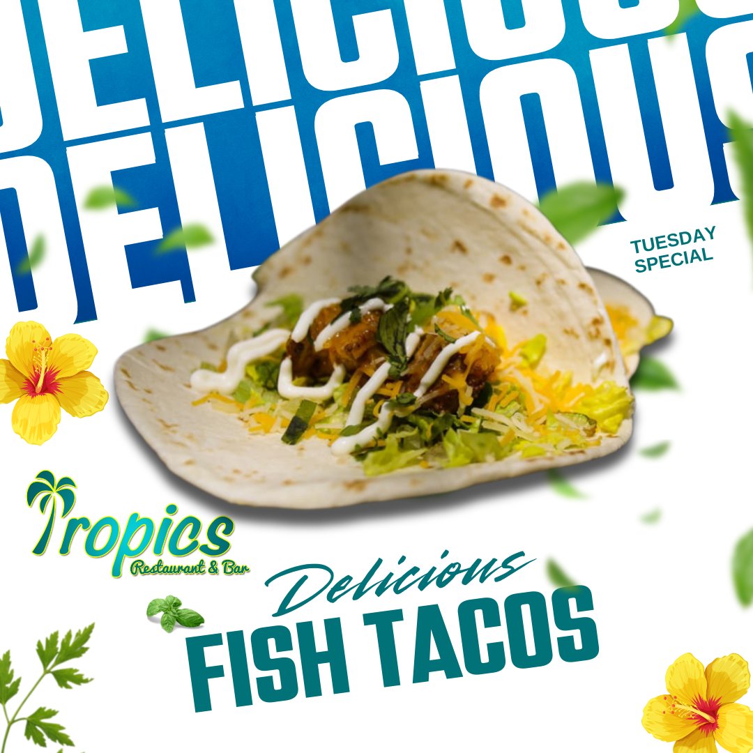 It’s Taco Tuesday, Tropics style! 🌮 Dive into our fresh and flavorful fish tacos and add a little tropical flair to your week! #TacoTuesday #TropicsWV #FishTacos