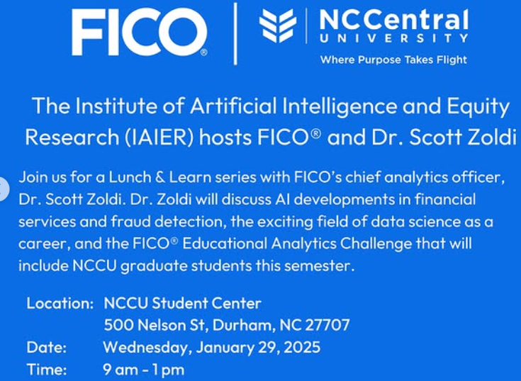 _LAIER_'s tweet photo. 🚀 Empowering Minds at NCCU! 🤖

The IAIER hosted a dynamic Lunch &amp; Learn with FICO® &amp; Dr. Scott Zoldi, diving into AI in finance, fraud detection, &amp; data science careers. Students also explored the FICO® Analytics Challenge! 🙌

#NCCentral #AI #DataScience #FICO #EquityInTech https://t.co/PY8TFqgqX2