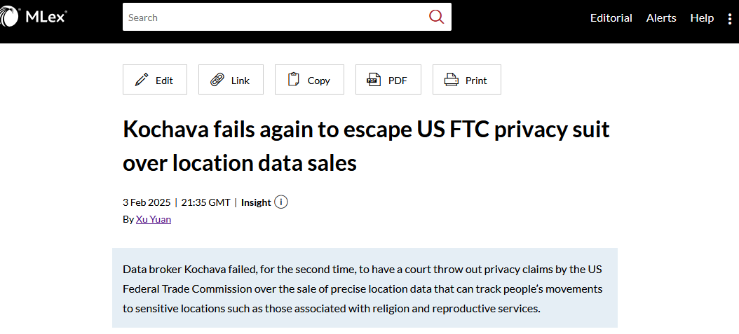 Swiftstories's tweet photo. As my @mlexclusive colleague @xy0o0 reported yesterday, @kochavaofficial has failed for the 2nd time to dismiss @FTC suit on its collection and sale of #geolocation #PII. Judge B. Lynn Winmill wrote that Kochava's arguments “are again unpersuasive" in denying its motion to dismiss.