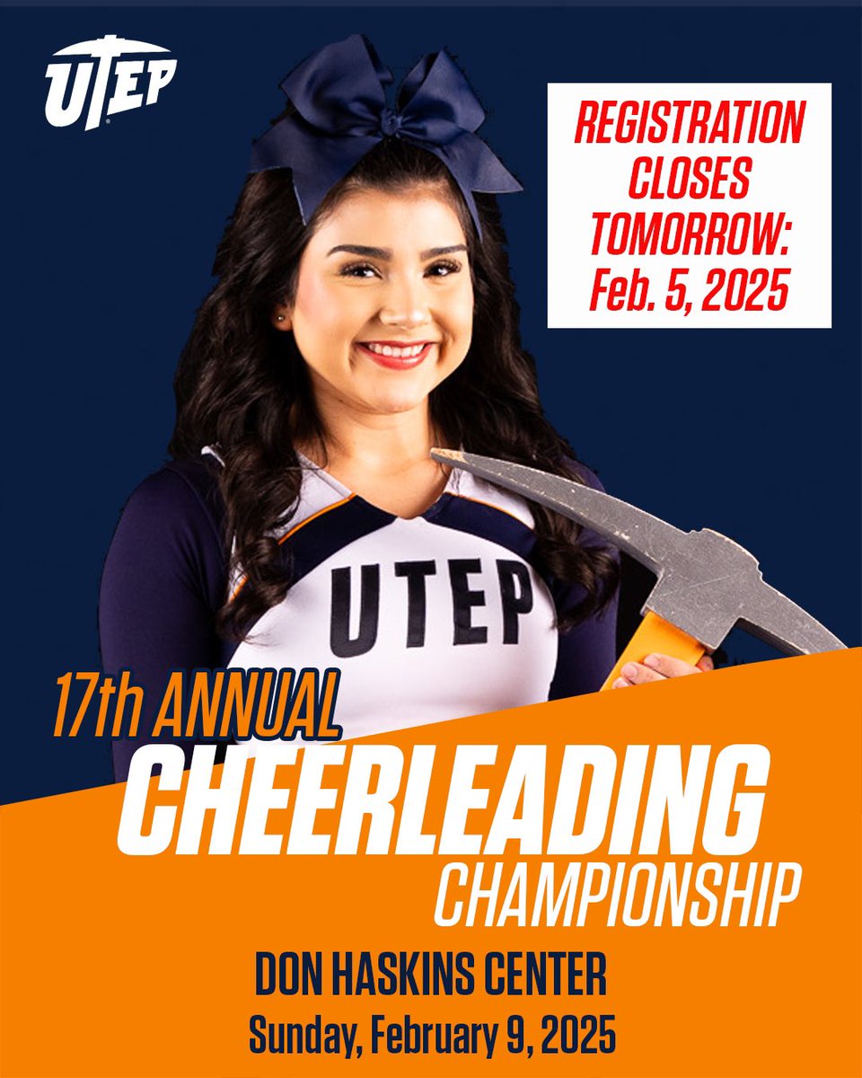 🗣️ Coaches: Tomorrow (Wednesday) is the LAST  day to register your teams for the 17th Annual UTEP Cheerleading Championship. 

Visit our website for registration link 👇🏻

utep.edu/student-affair…