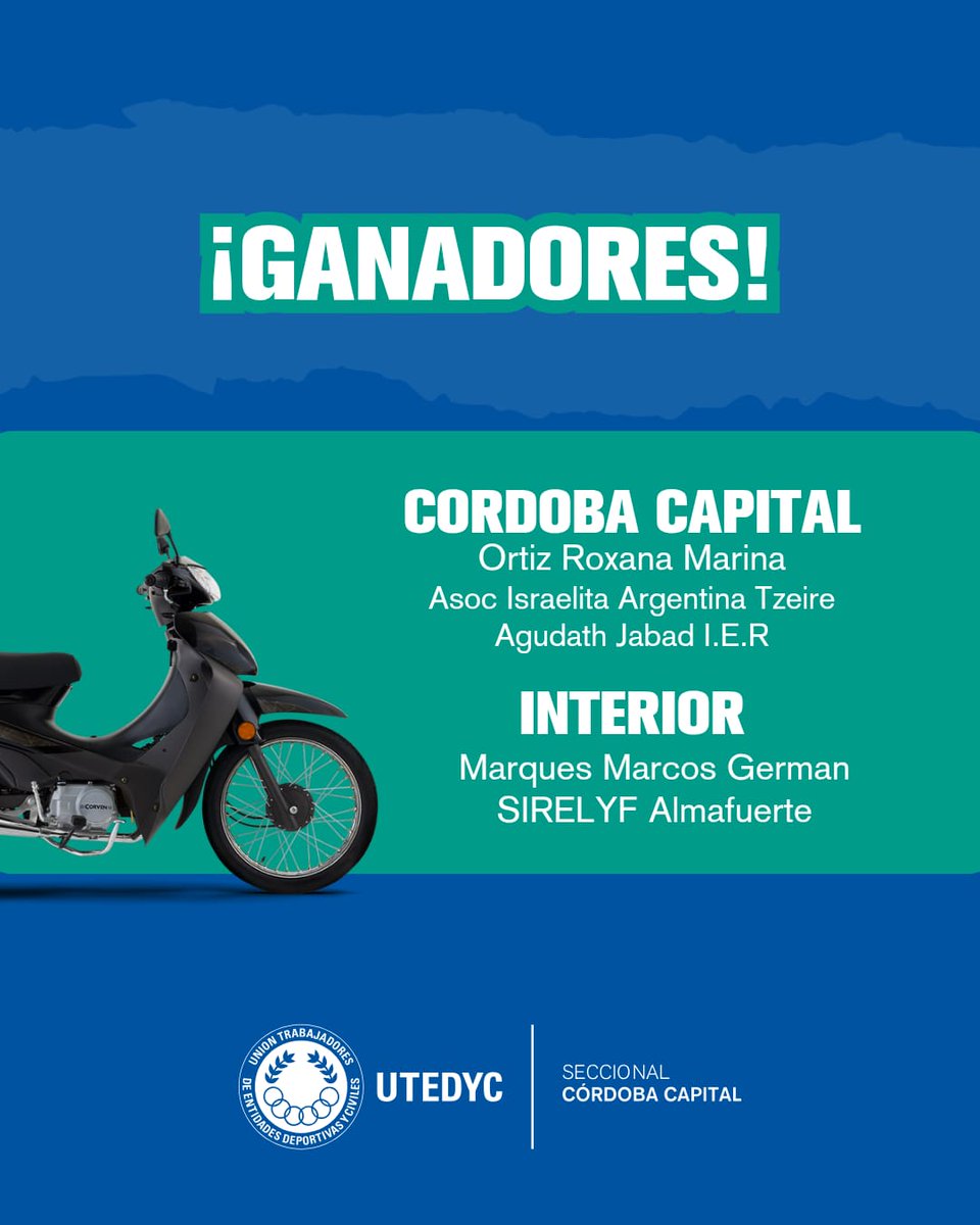 UTEDYCCba's tweet photo. 📣 FELICITACIONES A LOS COMPAÑEROS GANADORES DEL GRAN SORTEO DE MOTOCICLETAS POR EL DIA DE UTEDYC 

#UTEDYC #seçcionalcordobacapital https://t.co/tzDjJOE51F