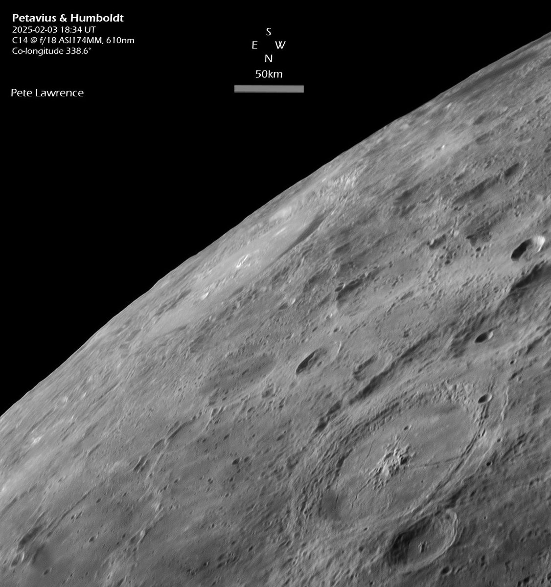 Giant craters Petavius (lower right) and Humboldt near the limb. 3 Feb 2025.