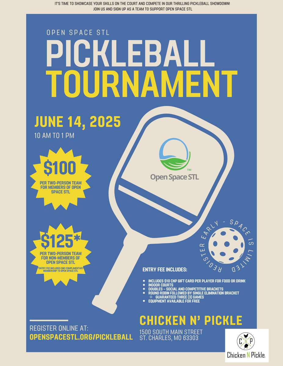 Open Space STL (@openspacestl) on Twitter photo Pickleball is all the rage. Come out in June and have some fun during our first pickleball tournament to support our programs and services.
To register your team, go to:
openspacestl.org/pickleball/
Thanks to <a href="/ChickenNPickle/">Chicken N Pickle®</a> - St. Charles for their great support as tournament host. Pickleball is all the rage. Come out in June and have some fun during our first pickleball tournament to support our programs and services.
To register your team, go to:
openspacestl.org/pickleball/
Thanks to <a href="/ChickenNPickle/">Chicken N Pickle®</a> - St. Charles for their great support as tournament host.