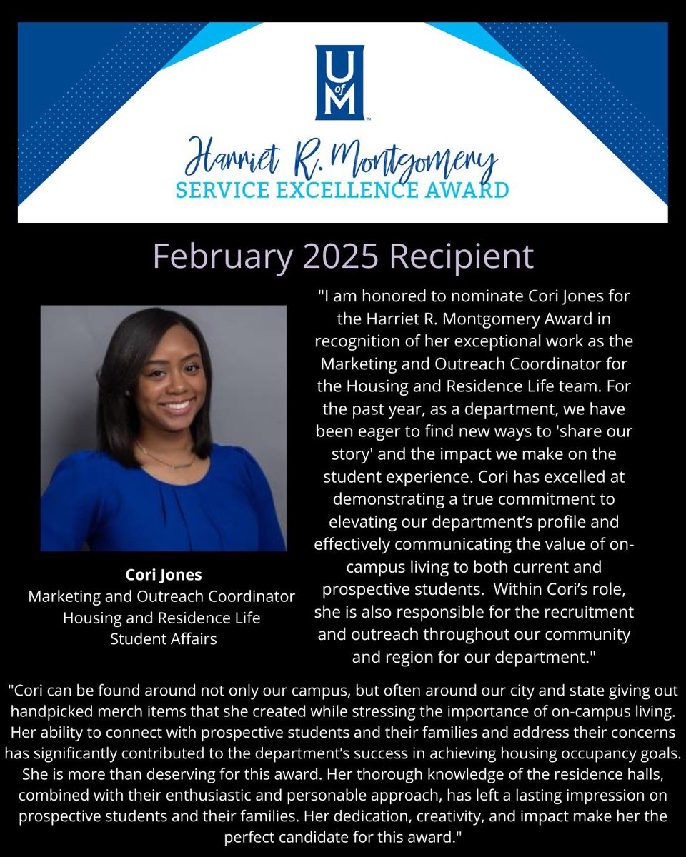 Congratulations to our Marketing and Outreach Coordinator, Cori for being awarded this month’s Harriet R. Montgomery Service Excellence Award! We appreciate all of the hard work you do for this department! You brighten every aspect of our department! We are proud of you. 💙
