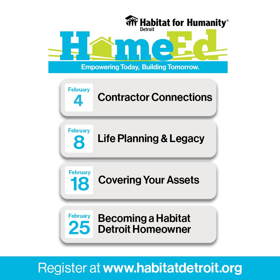 Our February HomeEd Classes are in full swing! Head to our website to save your seat at these FREE classes, which are open to all. See you tonight for Contractor Connections! Register at: habitatdetroit.org/events/