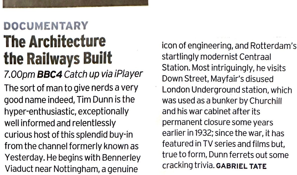 7pm tonight on BBC FOUR: #TheArchitectureTheRailwaysBuilt Series 1 Episode 1! <a href="/RadioTimes/">Radio Times</a> made it Choice of the Day back in 2020; they’ve done it again today! This review isn’t for me: it’s a team game: so it’s for Lucy Bailey, <a href="/JoshSwetnam/">Josh Swetnam</a> <a href="/robdersley/">Rob Dersley</a>, all at what was
