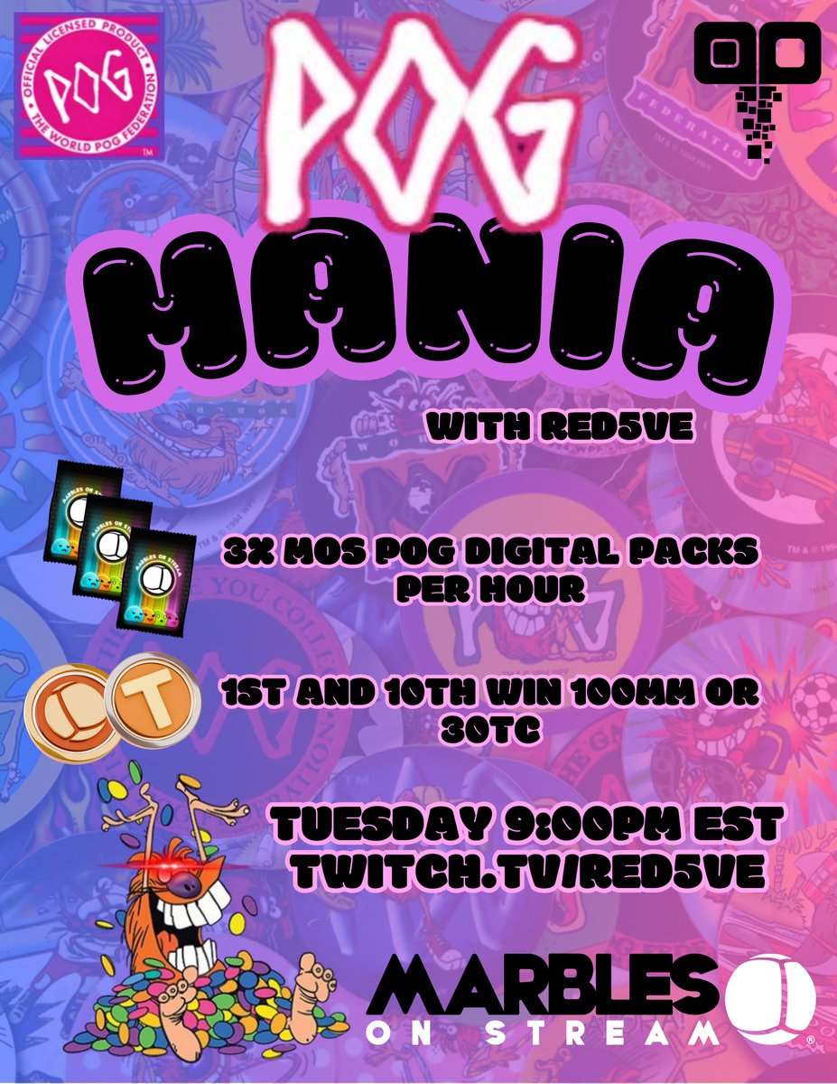 POG-MANIA 9:00pm EST - Opening my POG Hobby Box - Collect 3x MOS POG Packs / Hour - 1st and 10th on Local leaderboard win 100MM or 30TC - Roll some balls with the #RedFam <a href="/PogDigital/">POG ®</a> <a href="/PixelbyPixelStu/">Pixel by Pixel Studios</a> twitch.tv/red5ve