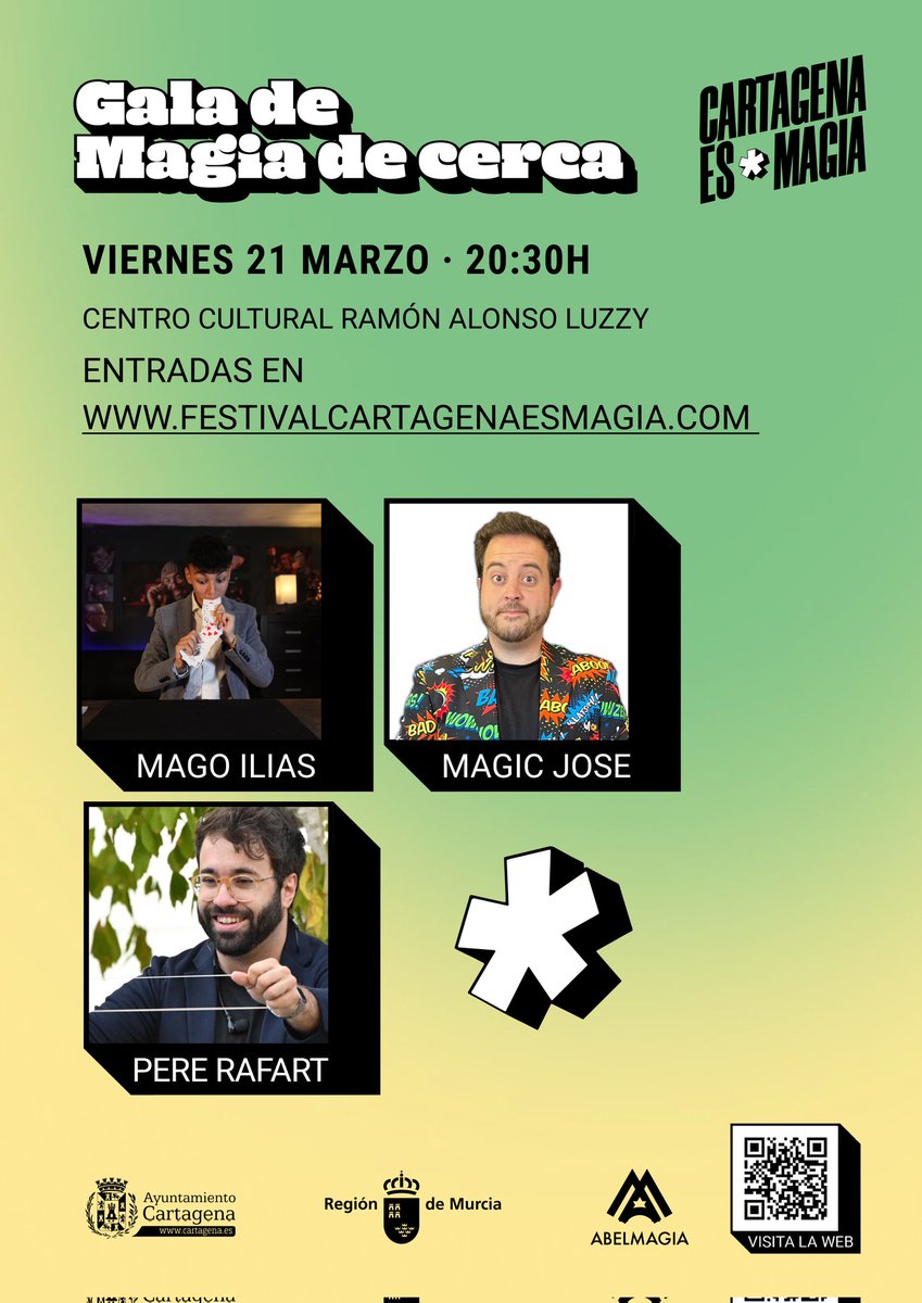 GALA DE MAGIA DE CERCA
3° Festival Cartagena Es Magia 
🗓️ 21 de Marzo 2025
🕒 20:30h
📍Centro Cultural Ramón Alonso Luzzy
Gala recomendada para mayores de 6 años.

Entradas disponibles en 
festivalcartagenaesmagia.com